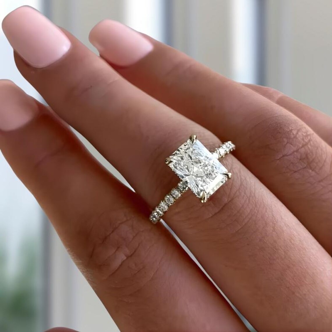 Emerald Cut Solitaire Moissanite Hidden Halo Engagement Ring For Women In 14Kt