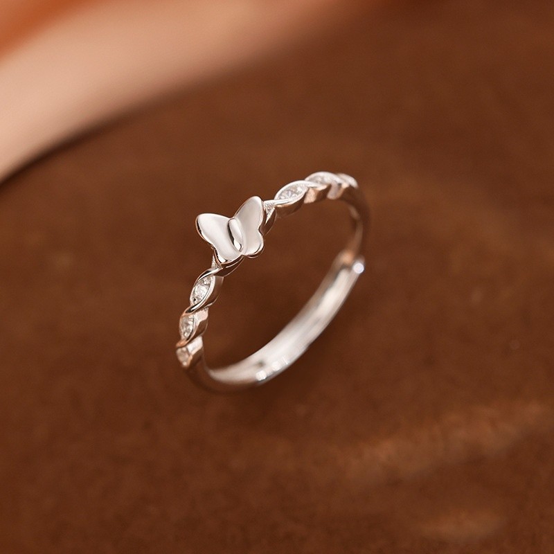 925 Silver Plated Butterfly Open Ring, Women’s Fashion Adjustable Ring Copper