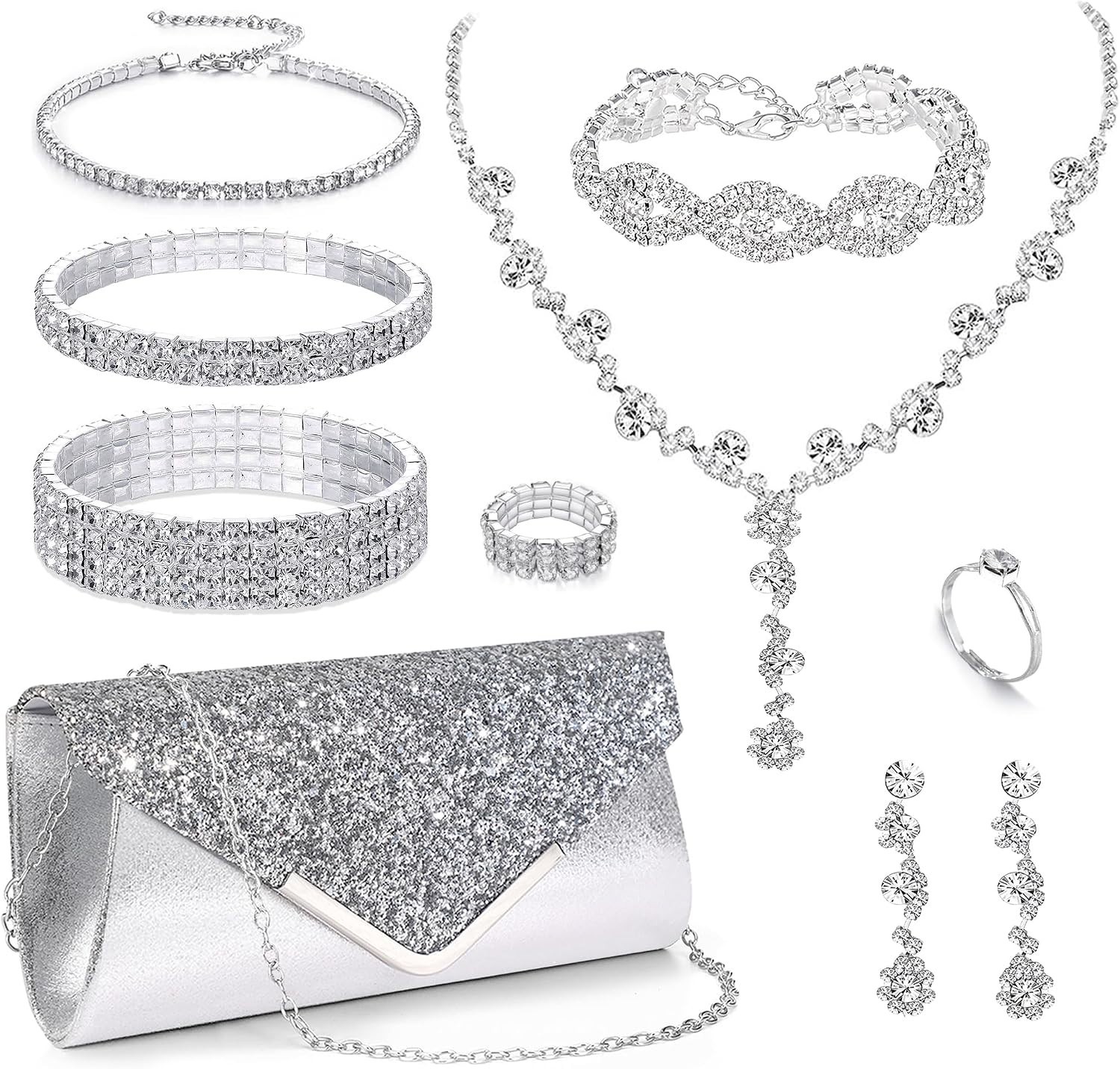 Hypoallergenic 10 pcs Silvery Rhinestone Jewelry Set – Perfect for Formal Events