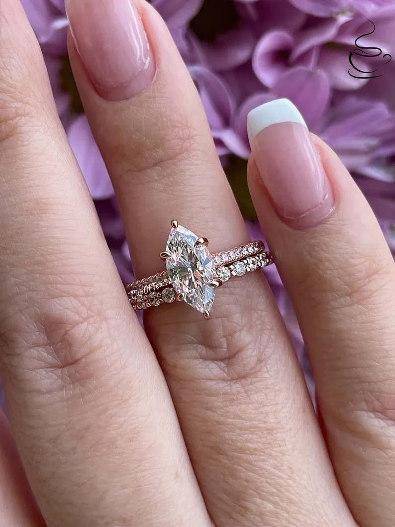 1.5ct Marquise Cut CZ Bridal Set, Rose Gold Vermeil Silver