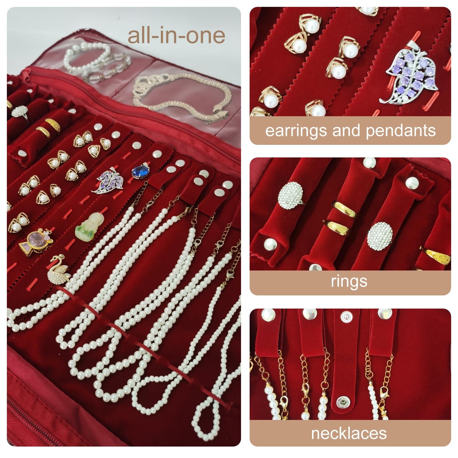 Velvet Travel Jewelry Organizer Case Roll Bag for Necklaces, Bracelets, Earrings