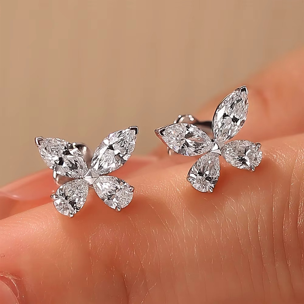 Butterfly Moissanite Stud Earrings 925 Sterling Silver Pear Marquise GRA Gift