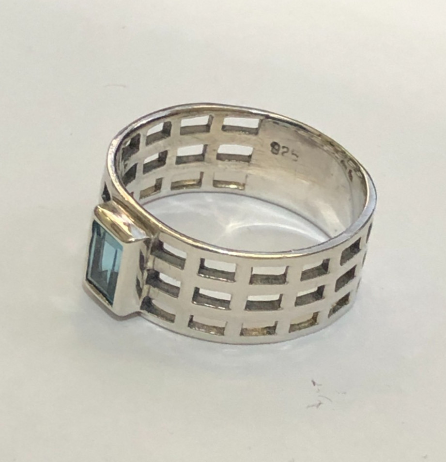 925 Silver FILIGREE Ring 8mm WIDE Blue Gem Stone REAL Sterling Silver Size R 1/2