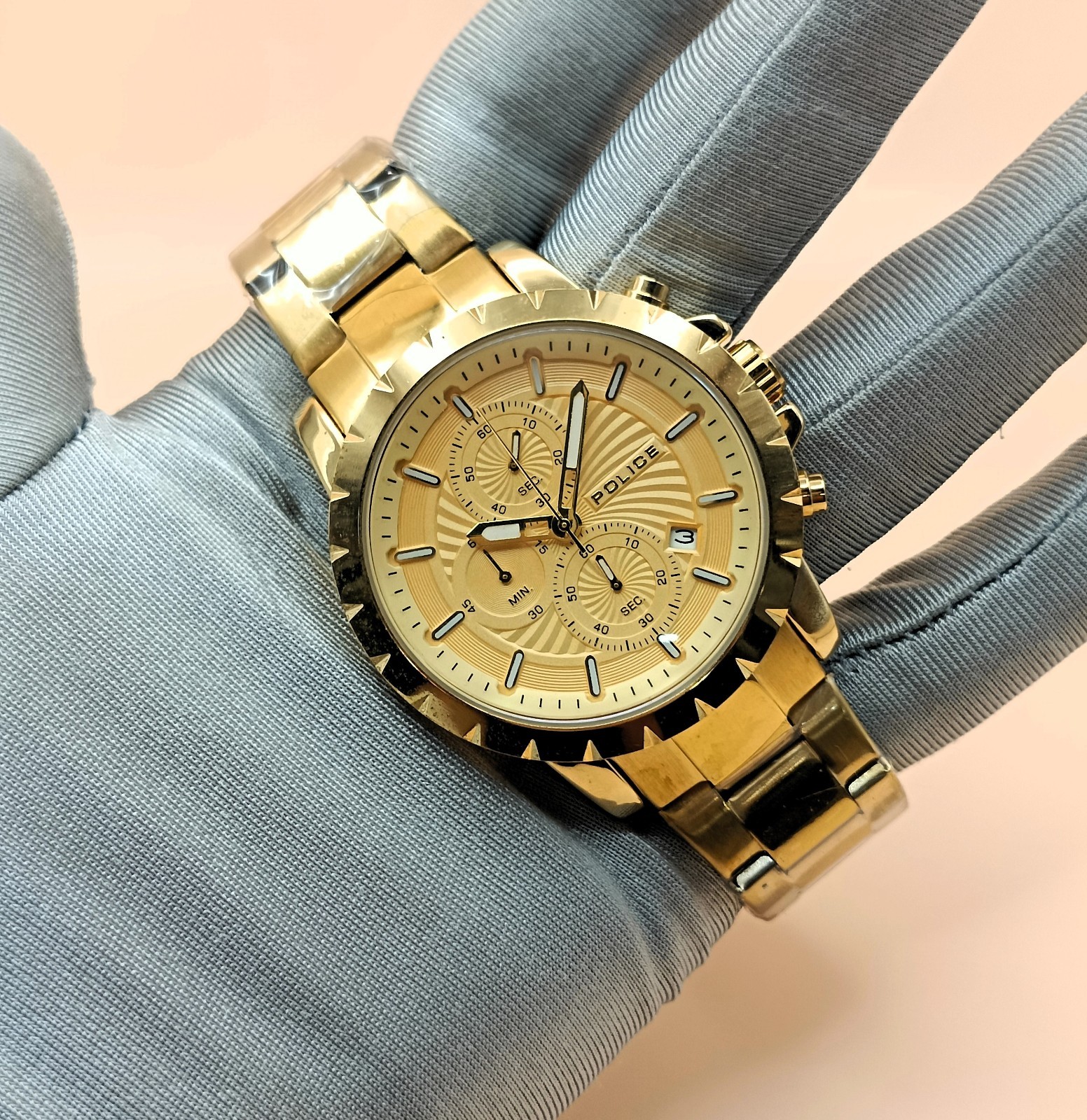 Police Chronograph Gold Plated Yellow Dial Analog Refurbished Men’s Wrist Watch