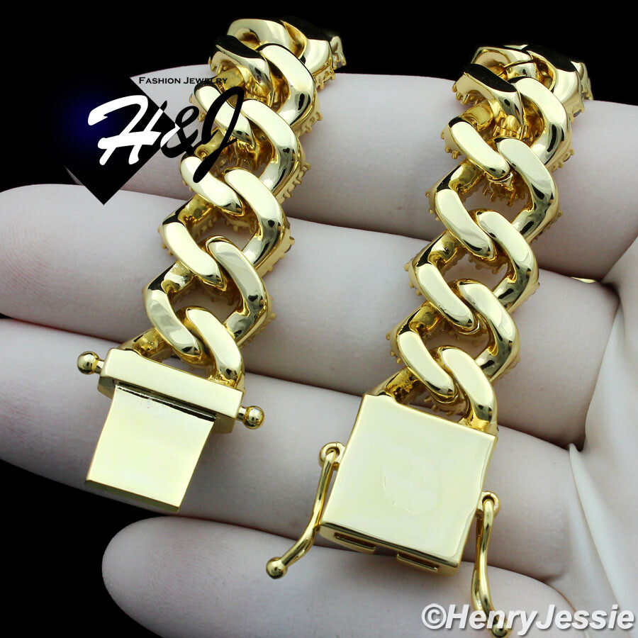 20″MEN 14K GOLD PLATED ICY BLING CZ 14MM GOLD MIAMI CUBAN CURB NECKLACE*BGN6