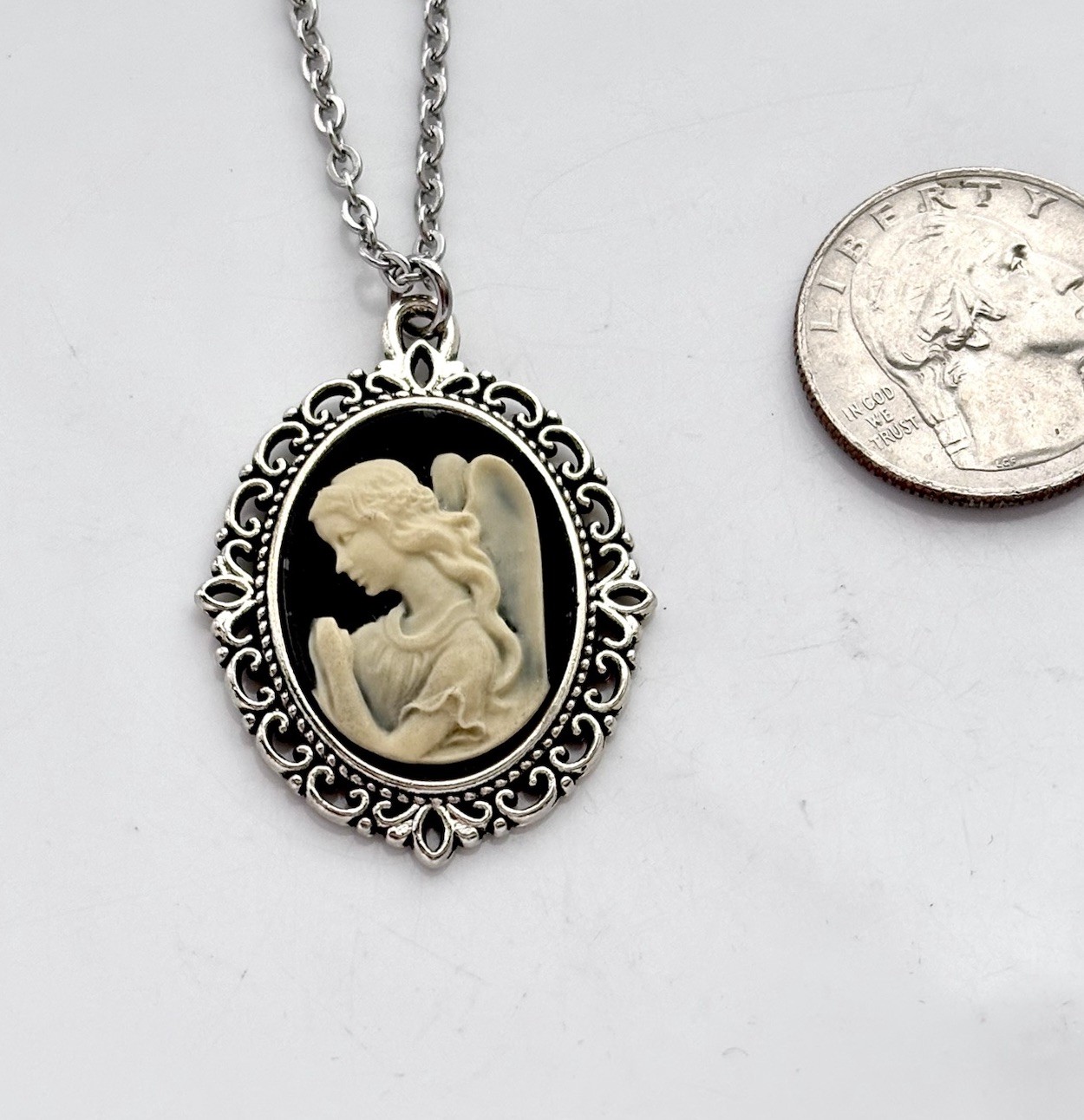 Praying Guardian Angel Cameo Necklace Ivory on Black Vintage Religious Pendant