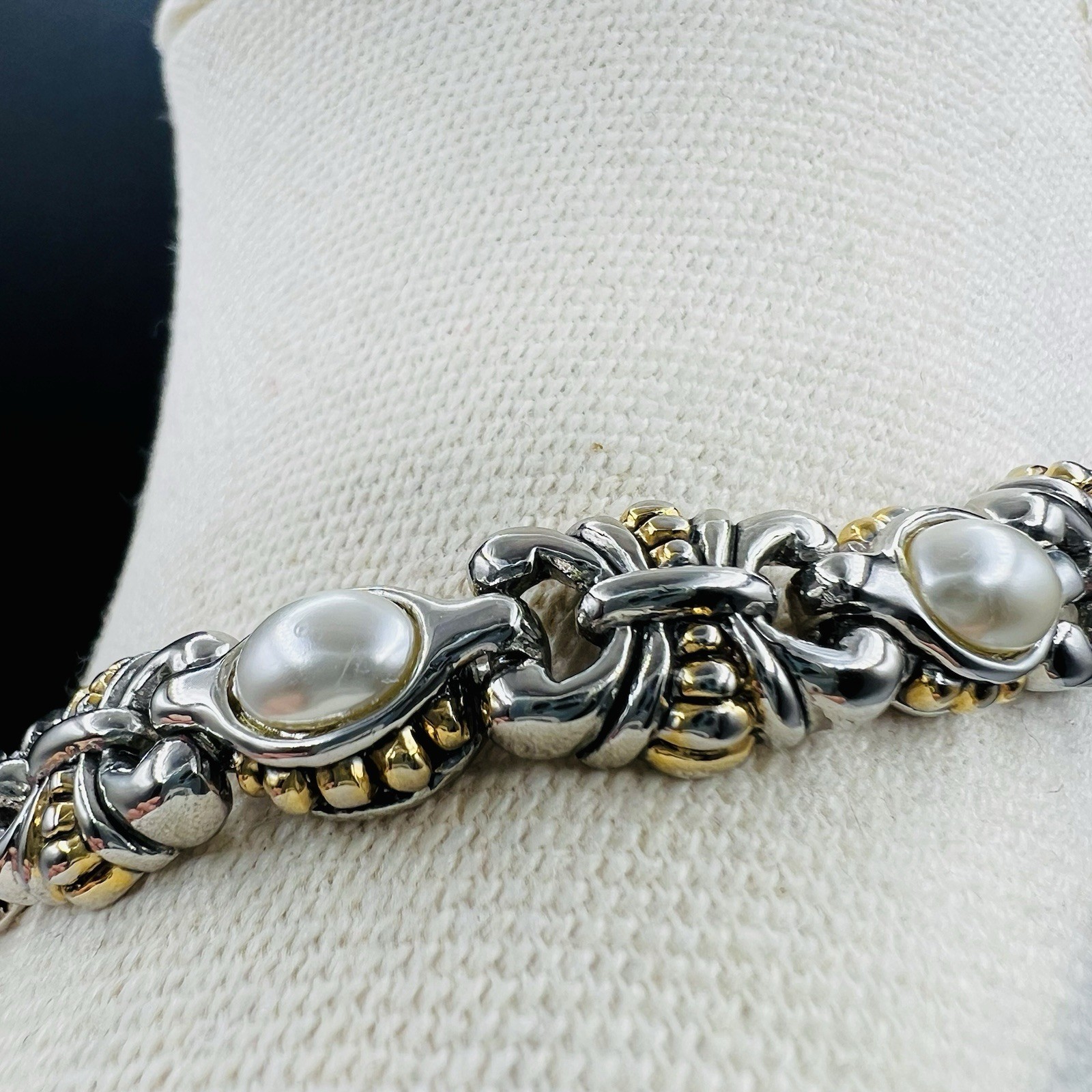 Mixed Metal Faux Pearl Choker Necklace Classic Link Vintage Style Statement Prom