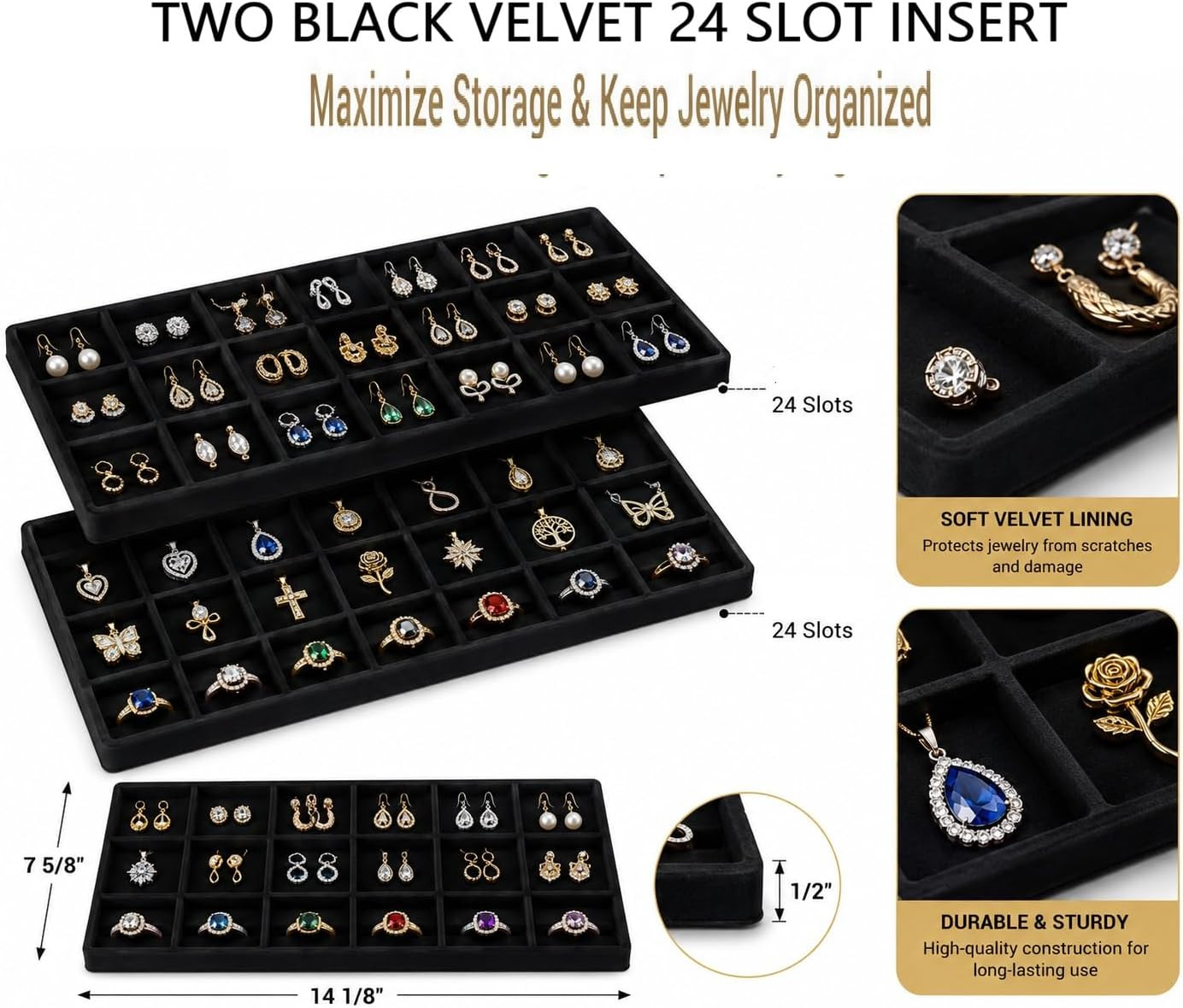 RJ Displays 2 Pack Black Jewelry Tray Organizer, Pendant and Charm Display Tray