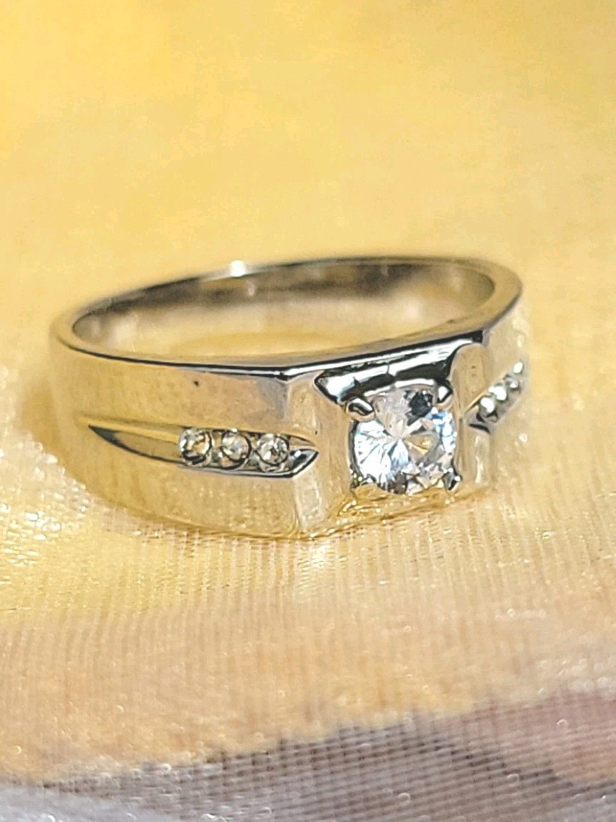 Mens Solitaire Ring White Gold EP 1 CT Simulated Diamonds (pinky)