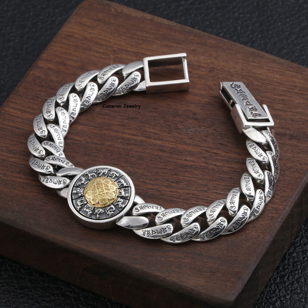 Pure S925 Sterling Silver Chain Round Six Wirds Curb Link Bracelet 7.1-8.7inch