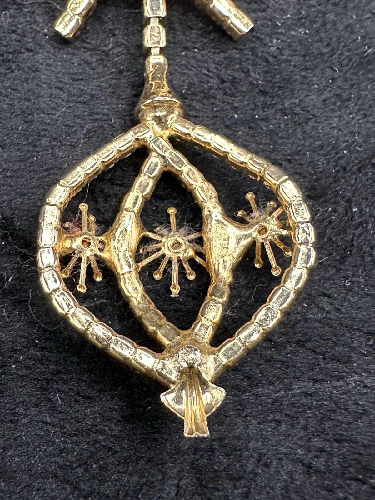 Vintage Dangling Christmas Ornament Brooch Gold-tone Red Green Clear Rhinestones