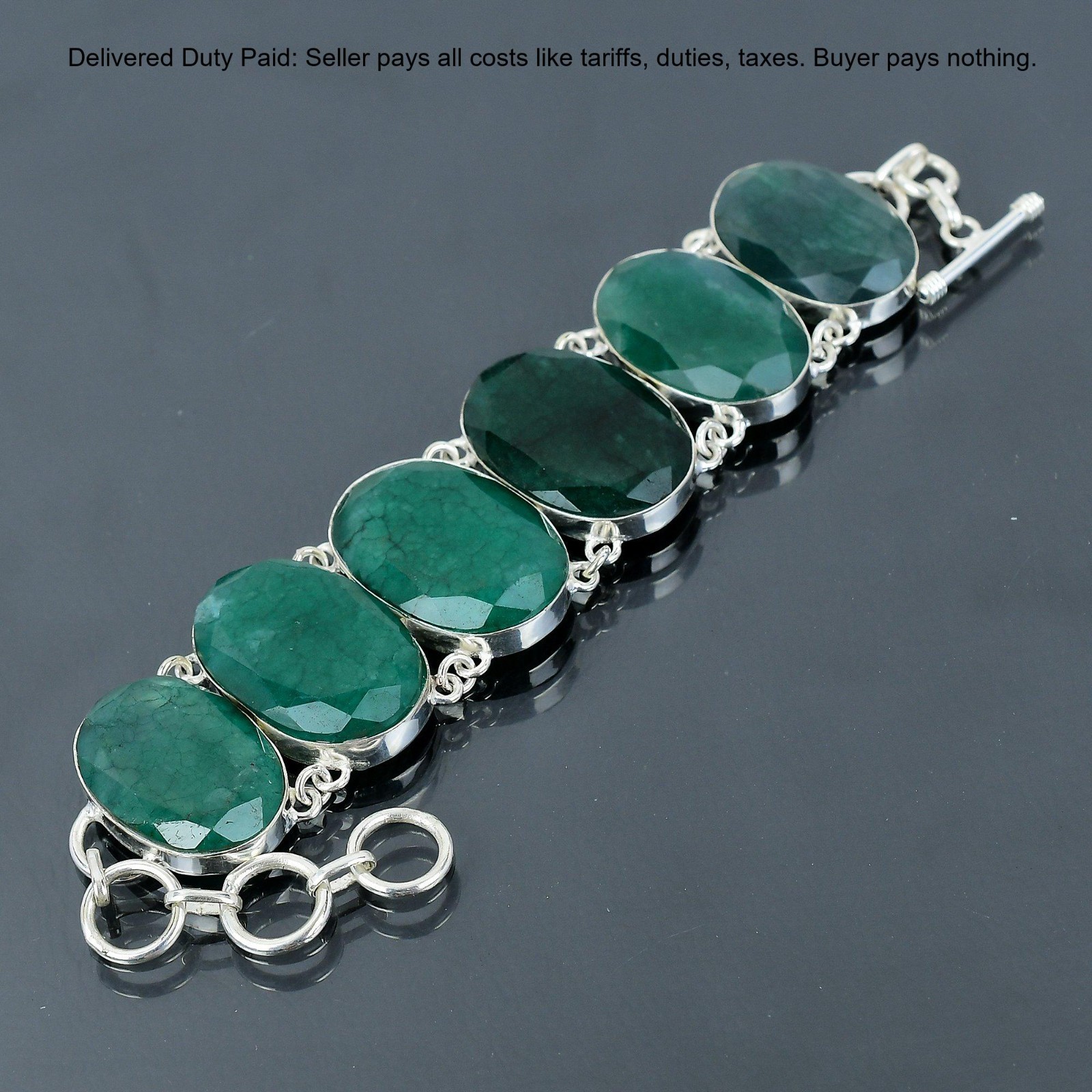 925 Sterling Silver Oval Zambian Emrald Gemstone Handcrafted Wife Chain Bracelet