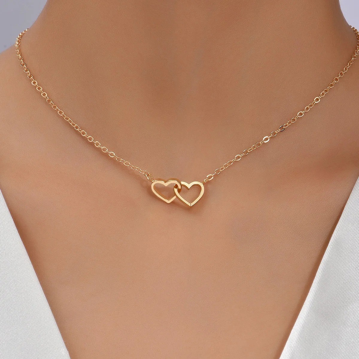 Tiny Double Hollow Heart Necklace Women Love Pendant Chain Valentine Gift
