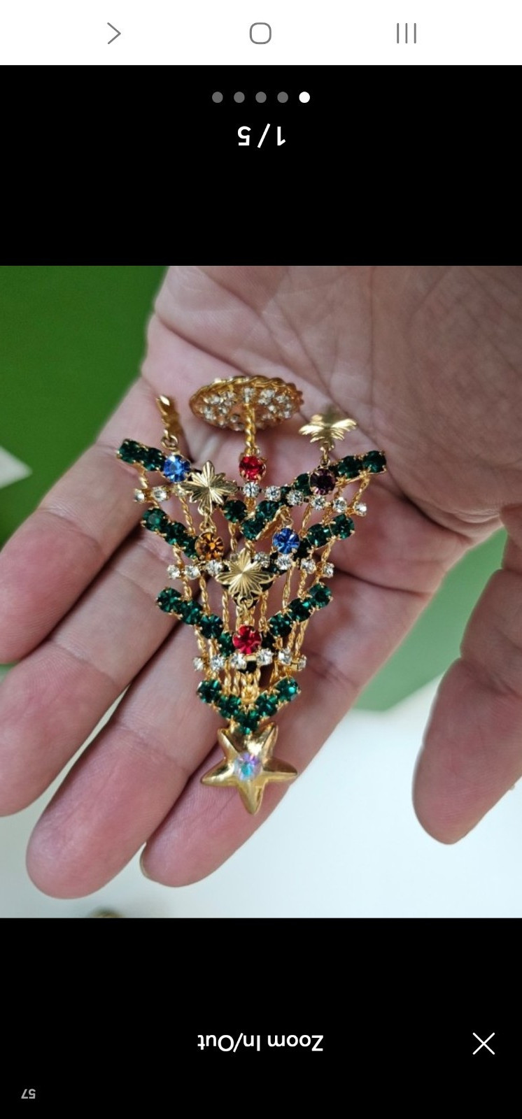 Christmas Tree Dangle Brooch Pin, Gold Plated Metal, Multicolor Rhinestones
