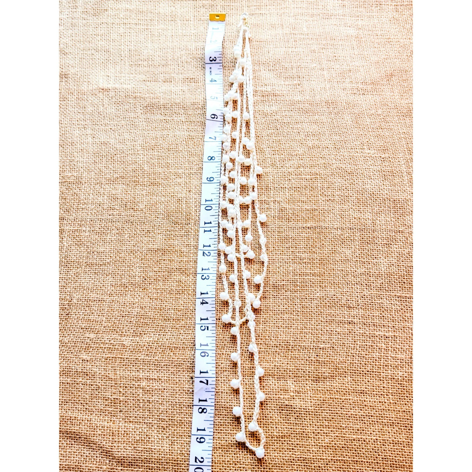 Boho Crochet Pearl Multi Strand Layered Necklace Cream White Beaded Handmade