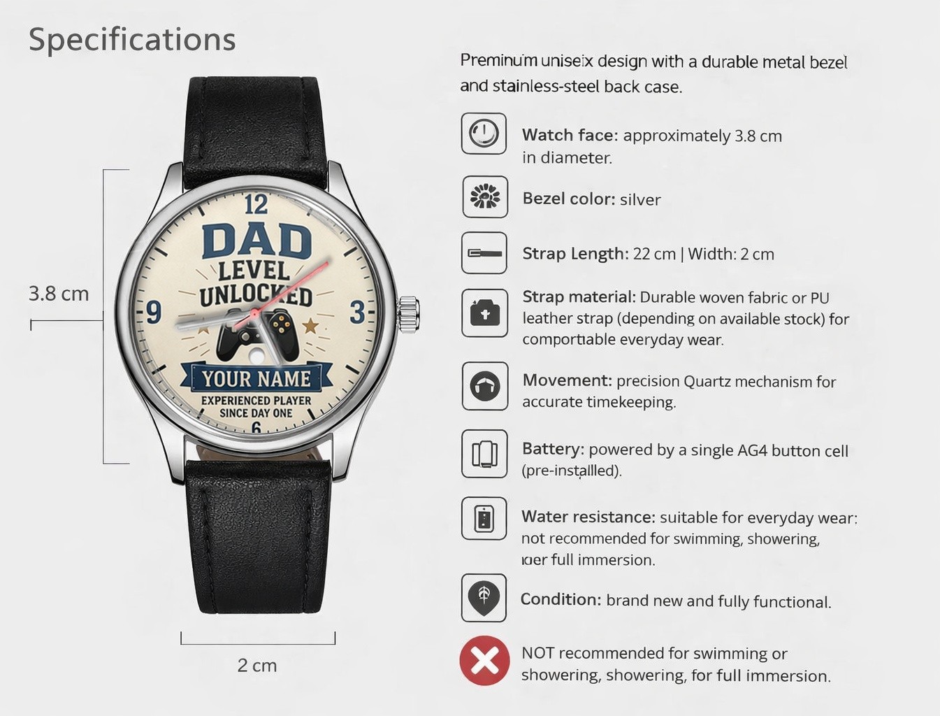 Dad Level Unlocked Personalised Gamer Dad Watch Gift 38mm Dial Boxed