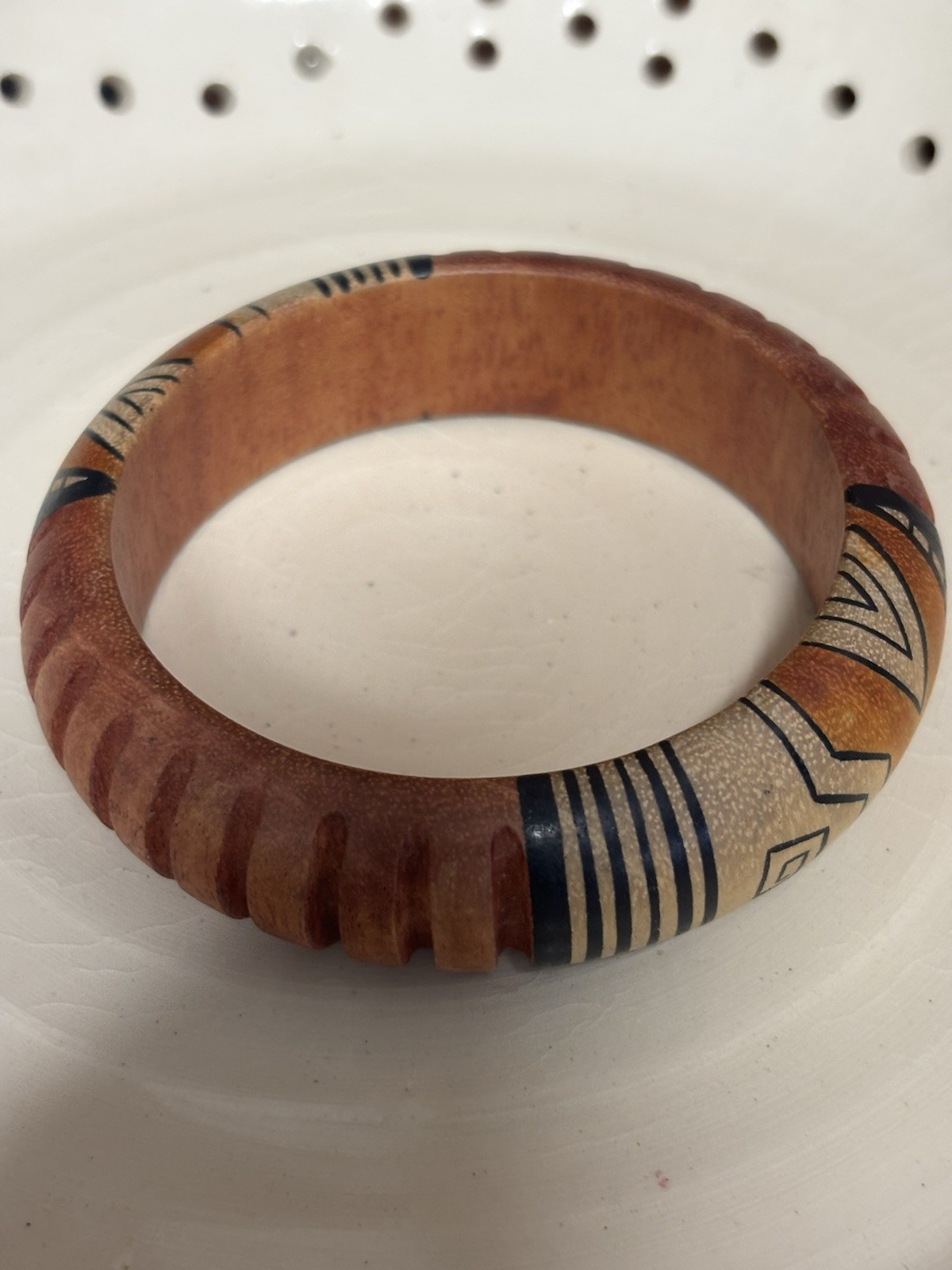 Vintage Hand Crafted Painted Wood Bangle Bracelet. Brown, Black, White.