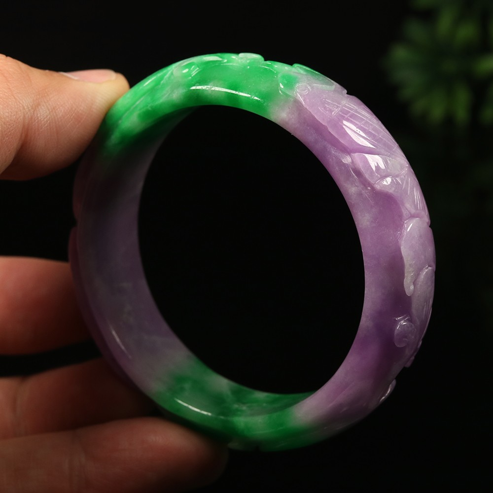 55mm Lavender Purple Green Jadeite Jade Bangle Bracelet Ruyi Fish Lotus A-14535