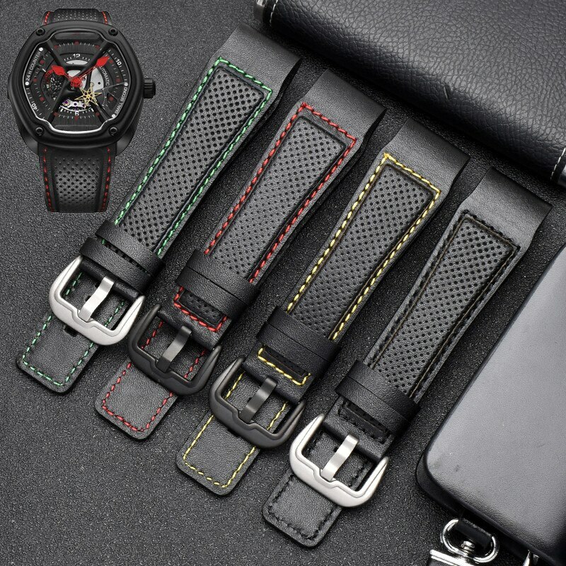 Genuine Leather Wristband Watch Bund Strap for Dietrich OTC-AO1 OT-3 Black 24mm