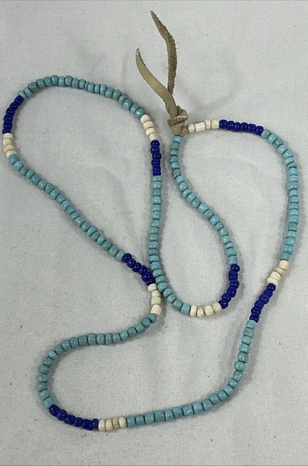 RTH Sky & Navy Blue & White Glass Beaded Leather Knot Necklace 28”Length