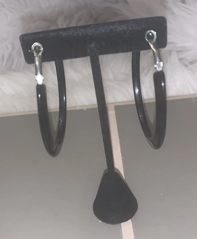Black Hoop Earrings 2.5″ Large Statement Latch Back Hinged Minimalist Chic