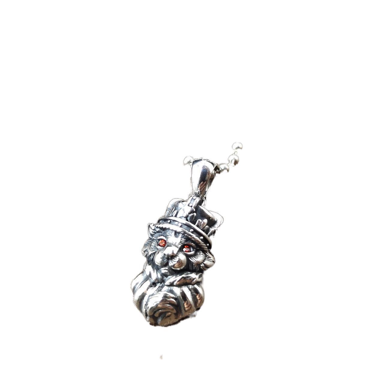 S925 Sterling Silver ROYAL CAT King Pendant Crown Red Eyes Gothic Thai Solid