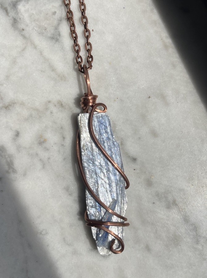 Blue Kyanite Blade Wire Wrapped Handcrafted Copper Necklace 18 Cable Chain