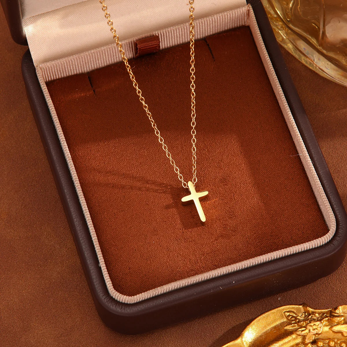 18K PVD Gold Plated Stainless Steel Cross Necklace Women Religious Pendant