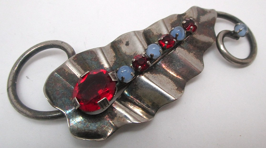 Vintage Sterling Silver Blue and Red Rhinestone Feather Brooch