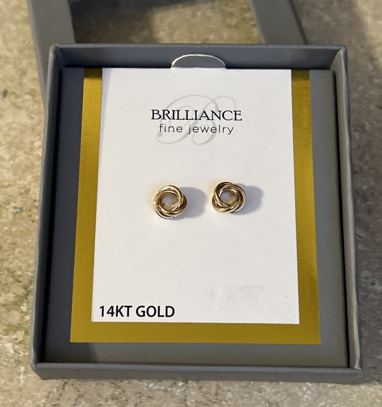 Brilliance Fine Jewelry 14KT Gold Twisted Knot Stud Earrings, Brand New In Box!