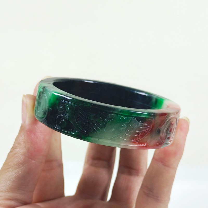 61mm Real Natural Ice Multicolor Burmese Jade jadeite Carving Bracelet Bangle