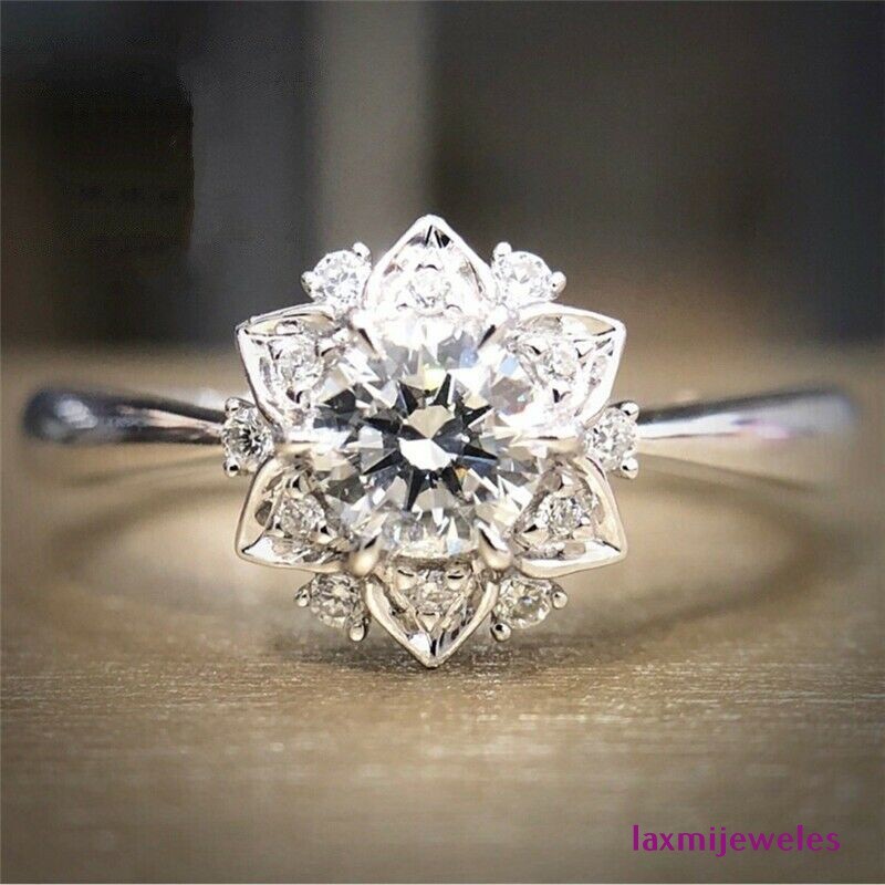 2.4Ct Lab-Created Diamond Ring Lotus Floral Sunflower Halo 14K White Gold Over