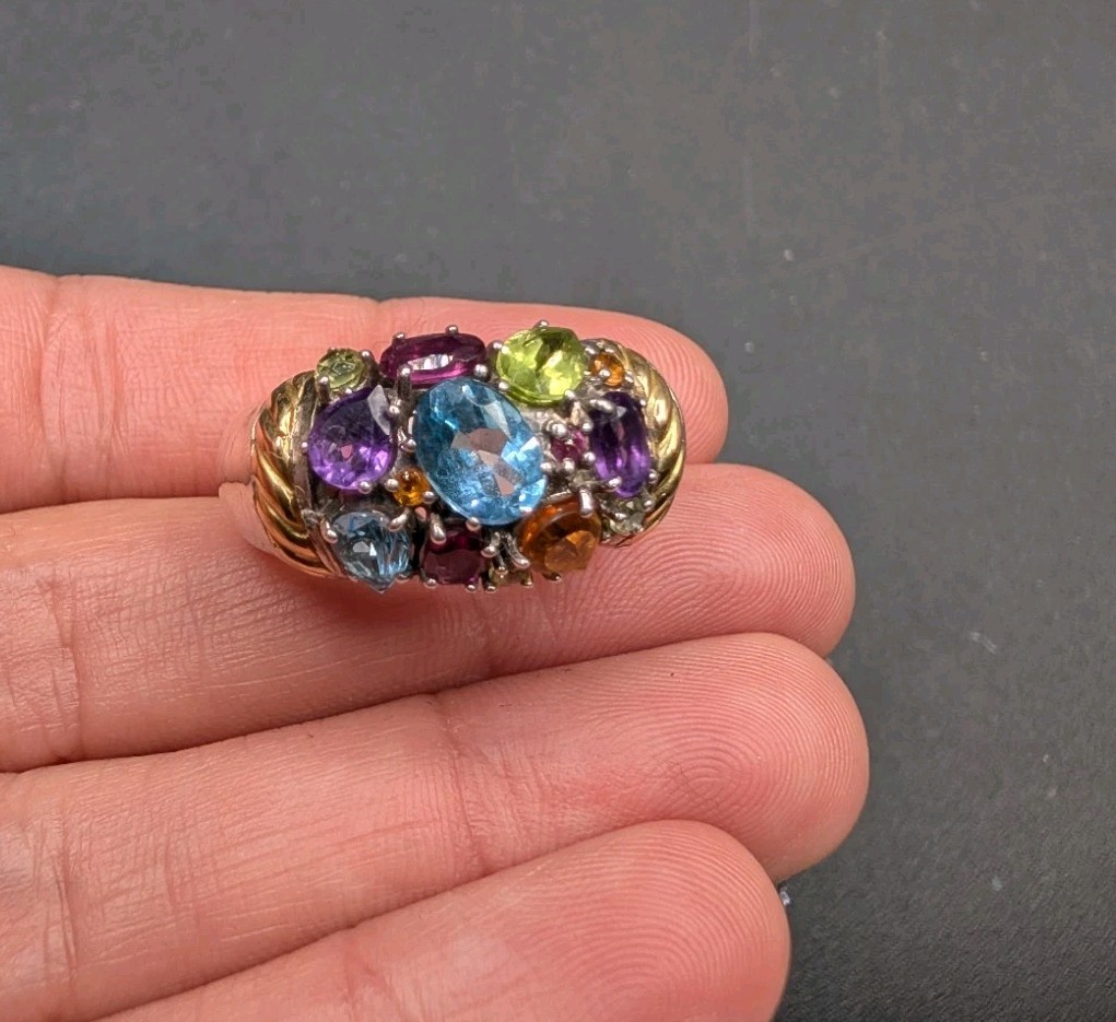 EFFY Sterling Silver 925 Gold Accent Multi Gemstone Cluster Ring Size 8