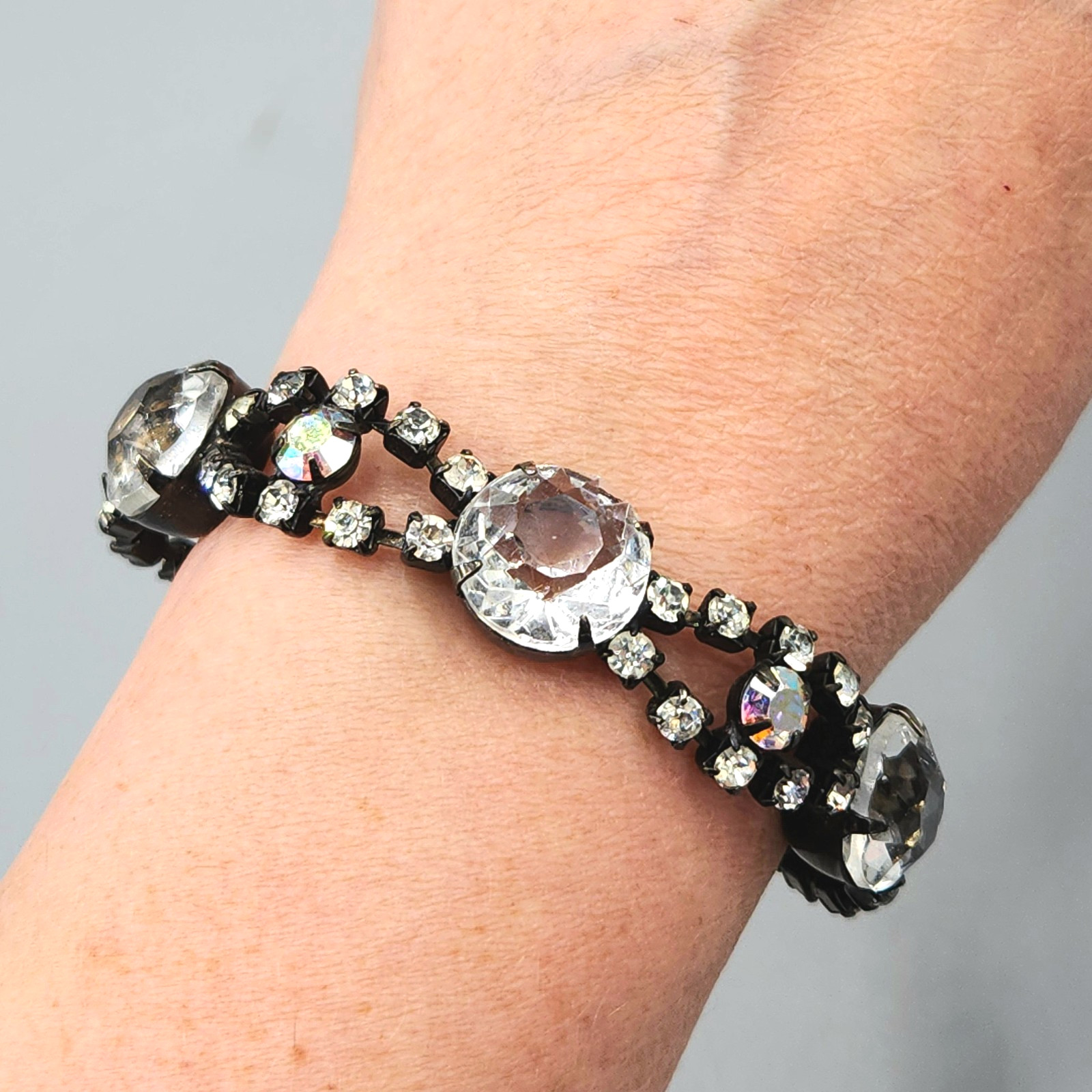 Vintage Unsigned Molded Glass and AB Chaton Rhinestone Japanned Bracelet 7”