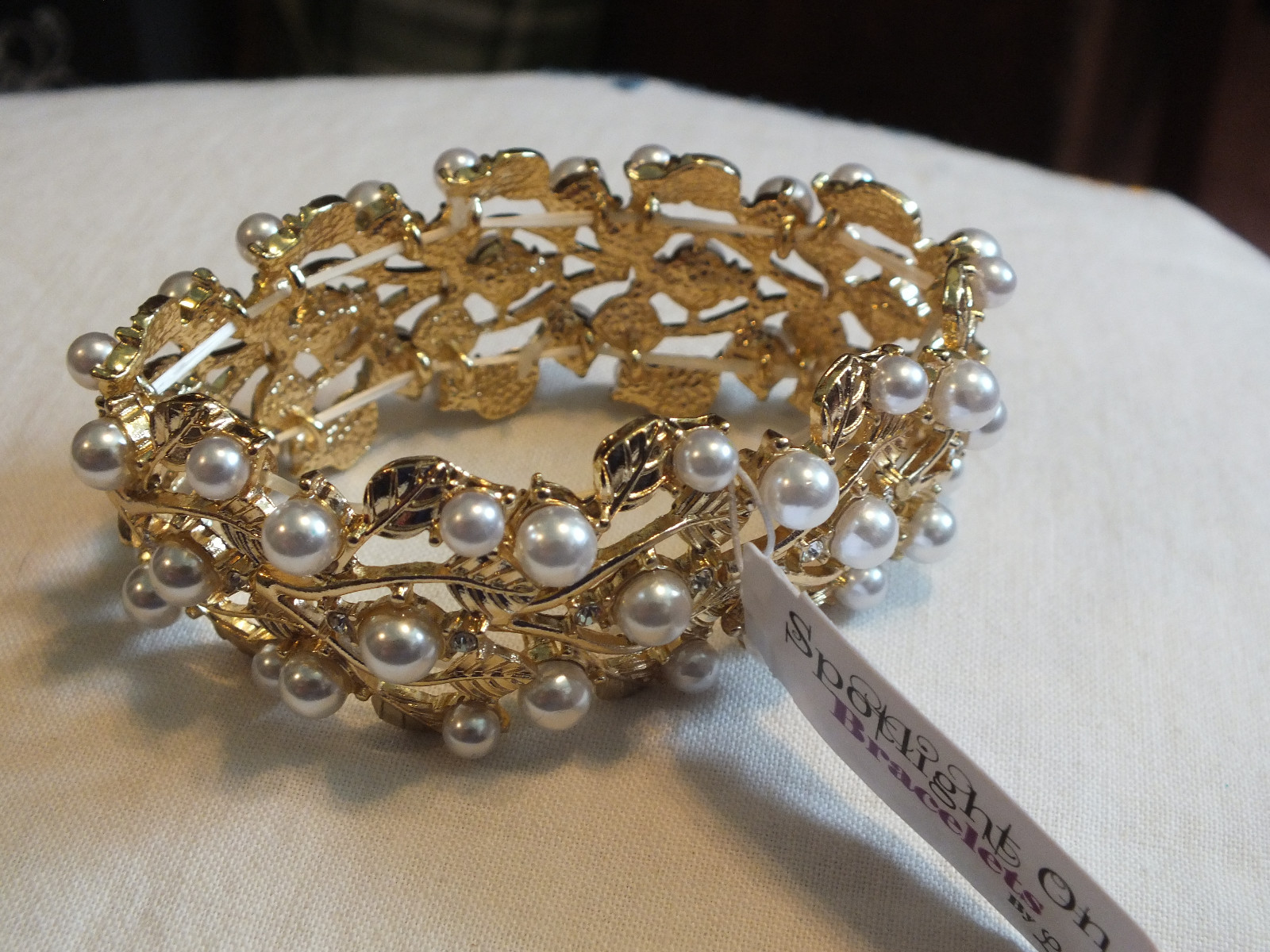 Beautiful Stretch Bracelet Gold Tone Faux Pearls 1 1/4 Inch Wide Original Label
