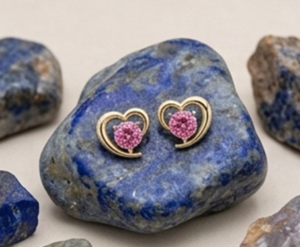 3ct Round Simulated Pink Ruby Cute HEART Stud Silver Earrings Yellow Gold Plated