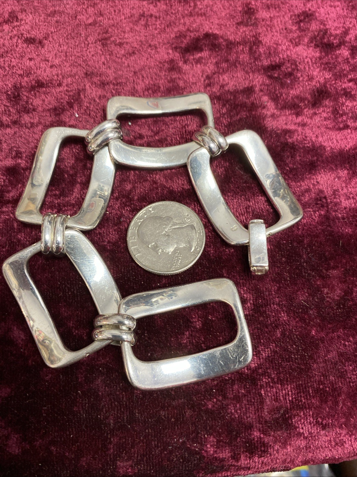 Vintage Marked 925 Sterling Silver Italy Large Square Link Bracelet 7.5” 38gr.