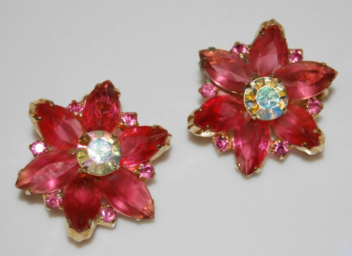 ELEGANT VTG JULIANA COUTURE PINK MARQUIS CRYSTALS OPEN BACK GOLDEN CLIP EARRINGS