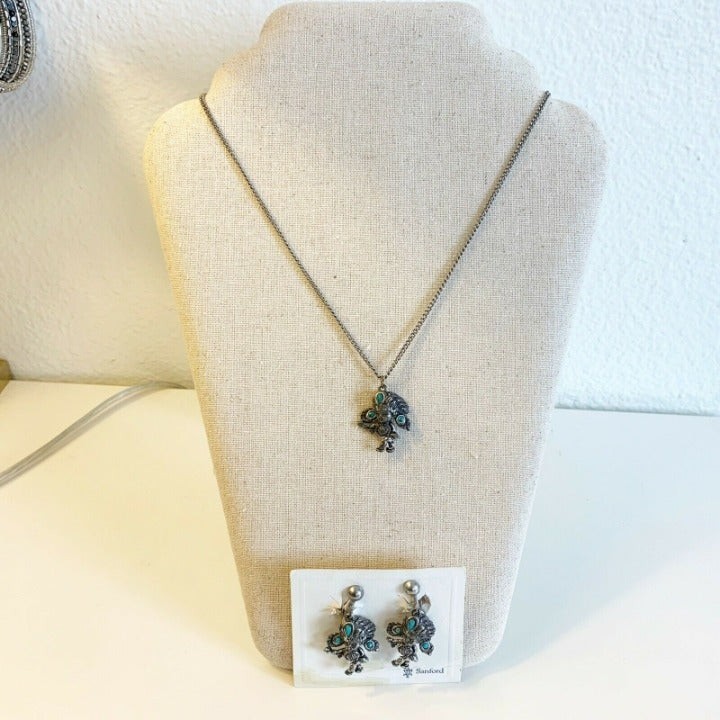 Sancrest Sandford Silver Co Warrior Silver Toned Necklace Earrings Turquoise VTG