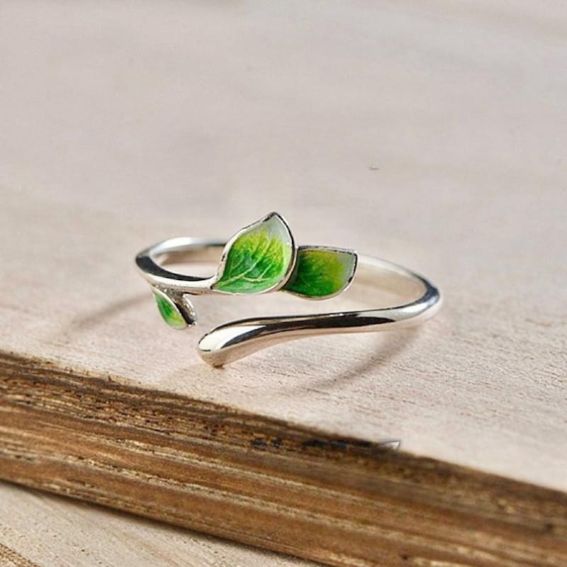 Green Enamel Leaf Adjustable Ring for Women Open Band Elegant Nature Jewelry