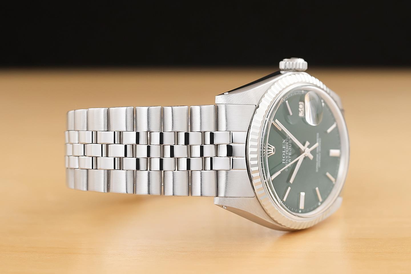 ROLEX DATEJUST 1601 GREEN DIAL 18K WHITE GOLD STEEL FOLDED BRACELET WATCH