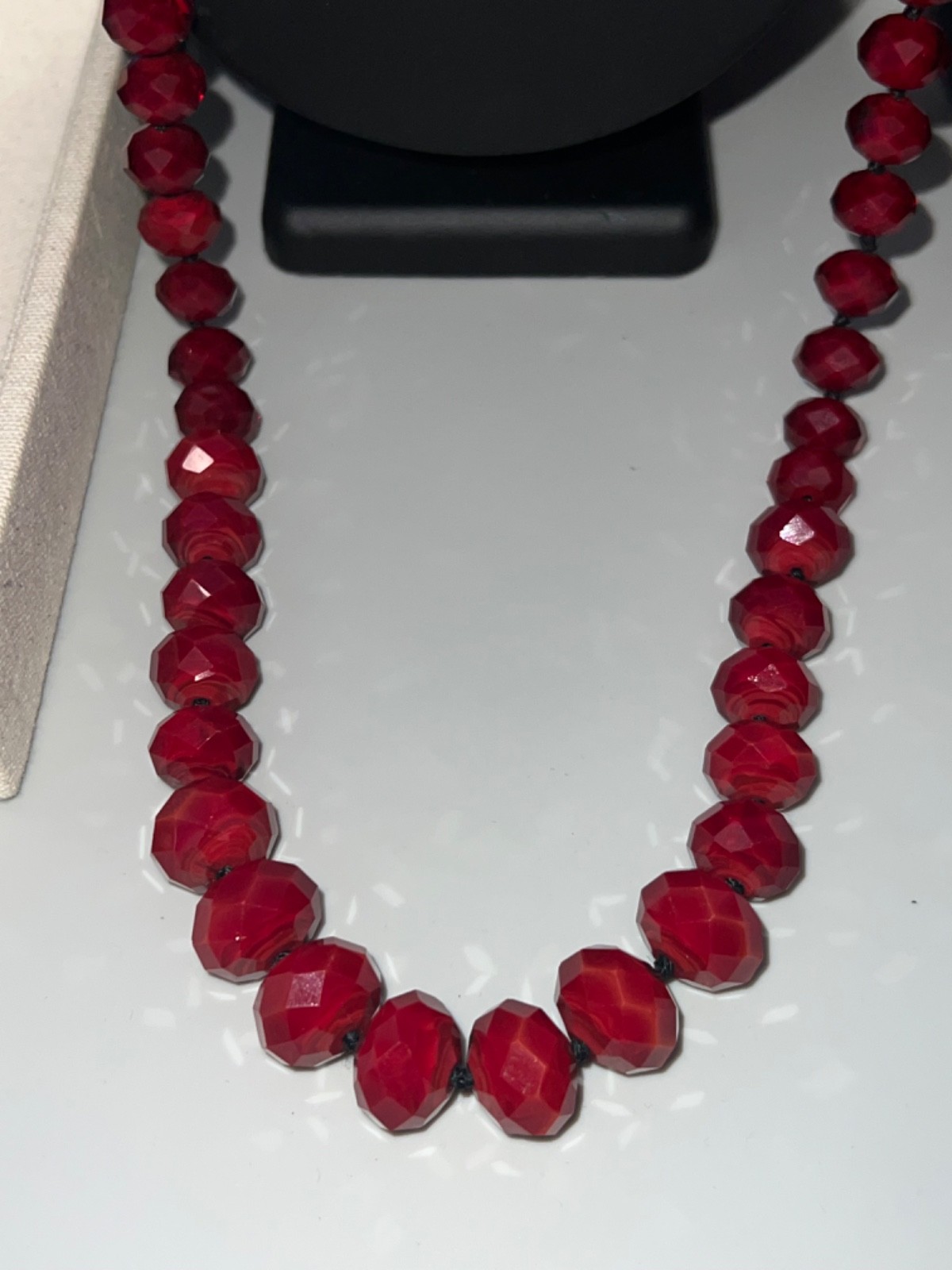 Vintage Long Hand knotted Graduated Faceted Red Glass Crystal Beaded Necklace