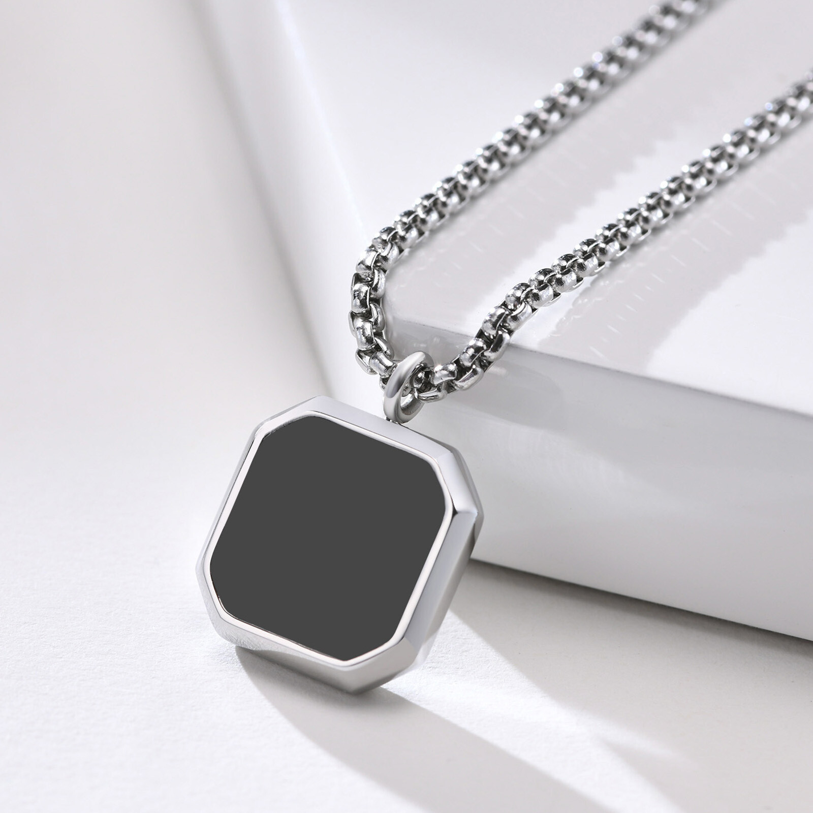 White Shell Black Enamel Square Pendant Necklace Stainless Steel with 60cm Chain
