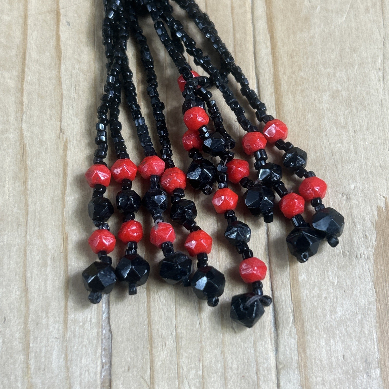 Beaded Tassel Necklace 30” Black Red