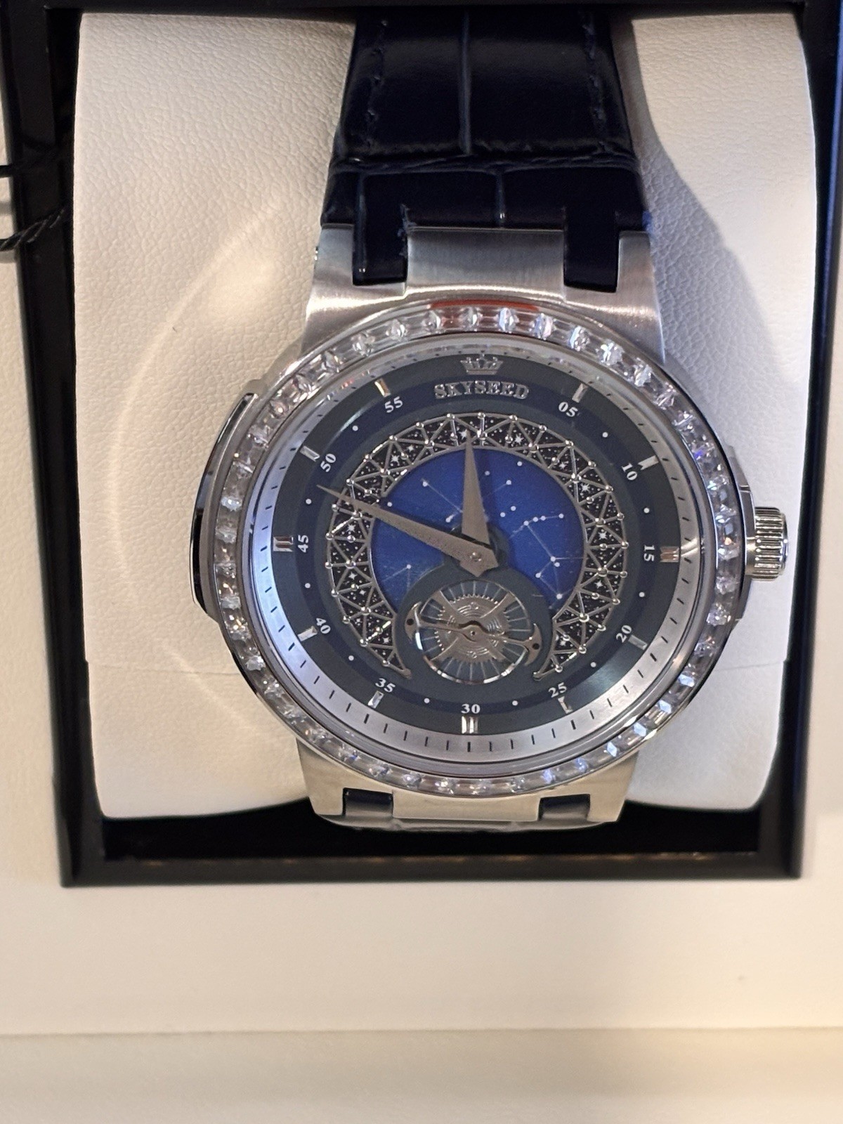 SKYSEED Luxury Blue Dial Diamond Accent Automatic Watch Blue Leather Strap
