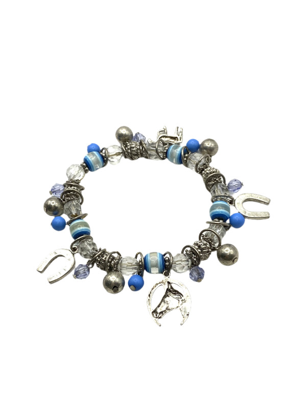 Blue-Clear Beaded Stretch Horse Horseshoe Charm Bracelet Silver Tone Equestrian