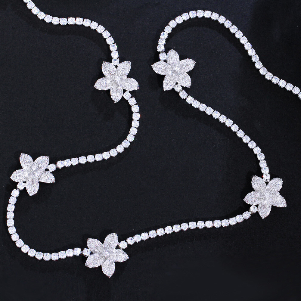 82cm Silver Plated Cubic Zircon White Flower Long Necklace Women Wedding Jewelry