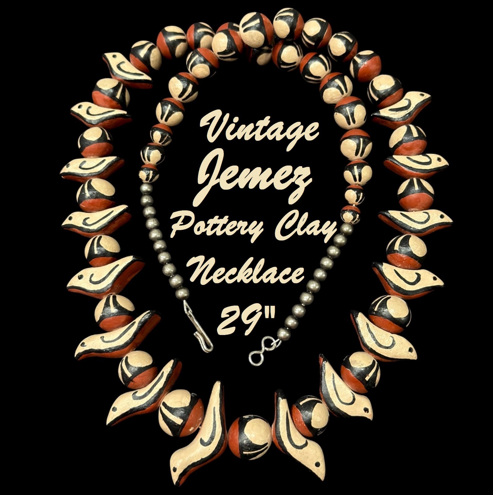 Vintage JEMEZ PUEBLO Walatowa Indian Handmade Clay Pottery BIRD Necklace 29″