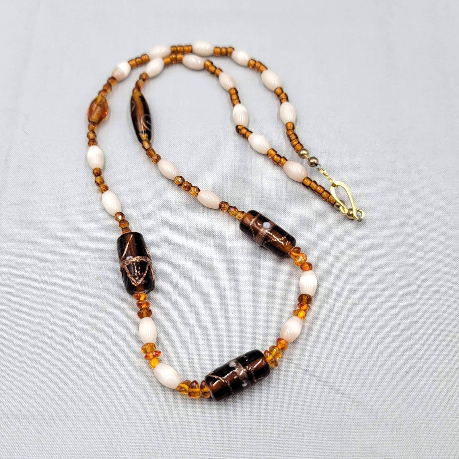 Artisan Multicolor Glass Bead Brown White Necklace 22 in