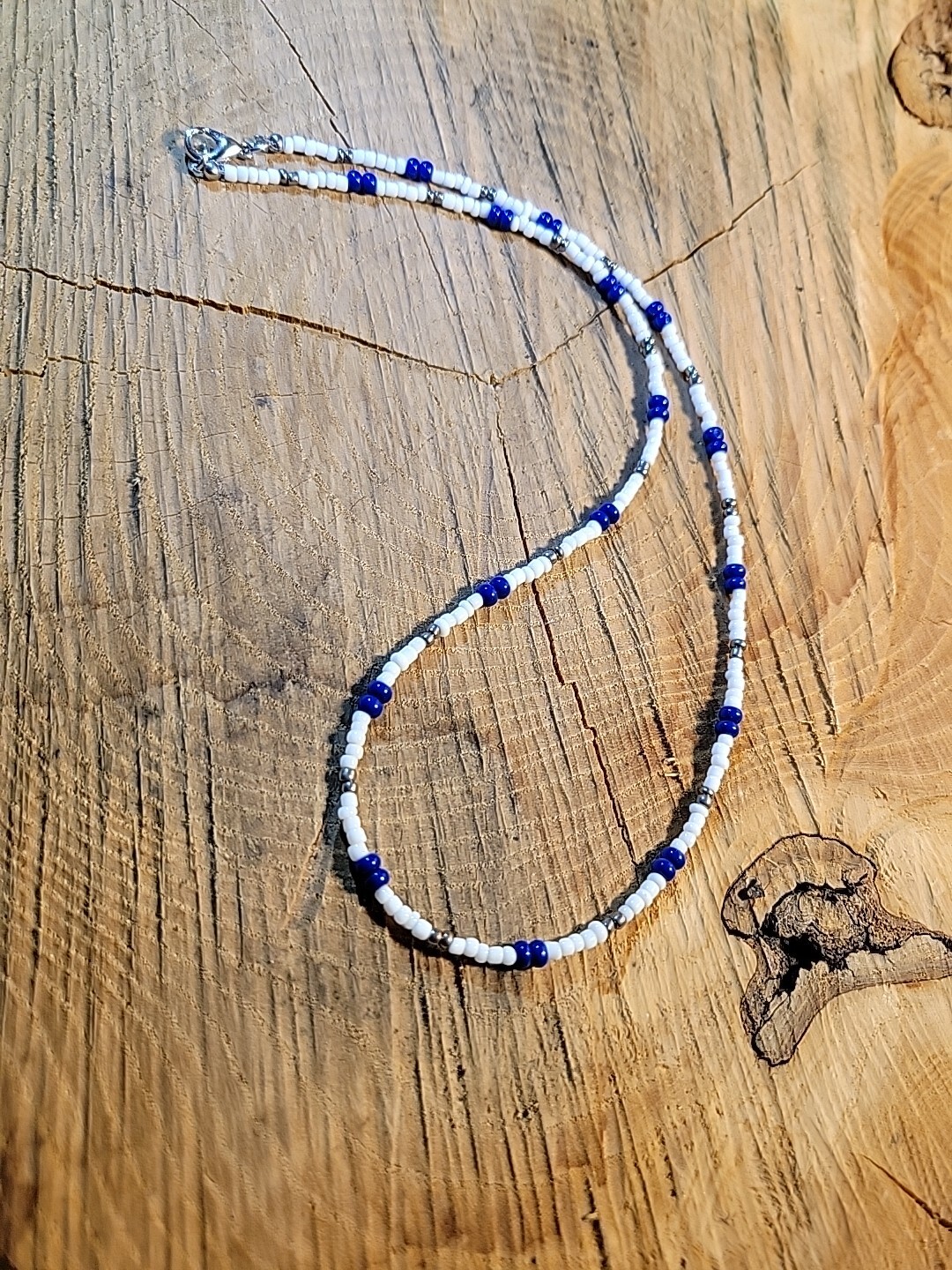 Royal Blue, White & Silver Surfer Summer Boho Beaded Necklace Choker Beach